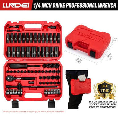 LLNDEI 1/4 inch Drive Impact Socket Set 83 Piece,Standard SAE(5/32-9/16 inch) Metric Size(4-15mm),72T Ratchet Wrench Handle,CR-V Mechanics Tool Set with Adapter,Screwdriver Bits for Automotive Repair - size: 83-Piece 1/4" Drive Impact Socket Set