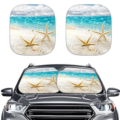 2-Piece Sun Shades for Car Windshield, Beach Starfish Design Car Front Window Pad Folding Sun Visor Windshield Protector Universal Fit Most Cars SUV Truck Van Sedan - color: Beach Starfish 1