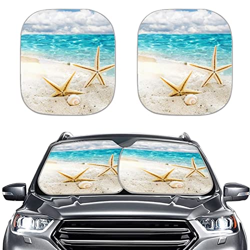 2-Piece Sun Shades for Car Windshield, Beach Starfish Design Car Front Window Pad Folding Sun Visor Windshield Protector Universal Fit Most Cars SUV Truck Van Sedan - color: Beach Starfish 1