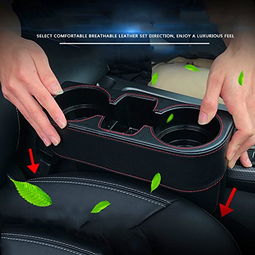 IOKONE Car Cup Holder, Auto Cup Drink Holders，Multifunctional Auto Front Seat Organizer with PU Leather Cover, Gap Filler Storage Box Coin Bucket Console Side Pocket Cell Mobile Phone Holder (Black) - color: Black