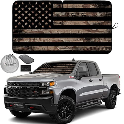 Autoamerics 1-Piece Windshield Sun Shade Brown Camo American Flag USA Design - Foldable Car Front Window Sunshade for Most Sedans SUV Truck - Blocks Max UV Rays and Keeps Your Vehicle Cool - Large - color: USA BROWN CAMO FLAG, size: LARGE = 64 x 33.5 inch