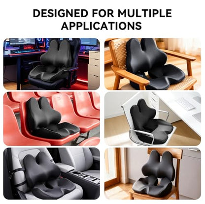Seat Cushion Lumbar Support Pillow Set for Tailbone & Sciatica Pain Relief, Chair Cushions Back Support with Ergonomic Design Memory Foam XLarge Coccyx Pad for Car, Office, Desk, Wheelchair