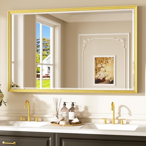 Keonjinn 48" x 30" Brushed Gold Bathroom Mirrors for Over Sink, Gold Framed Mirror, Beveled Tempered Glass, Shatterproof, Rectangle Bathroom Vanity Mirror for Wall Decor, Modern Transitional Style - color: Gold, size: 30"L x 48"W