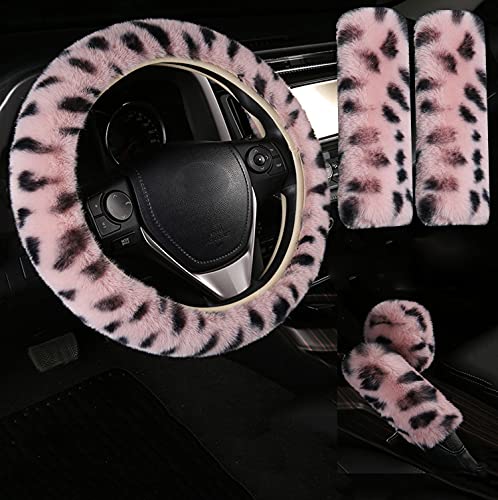 Pinbola 5pcs in 1 Set Faux Wool Steering Wheel Cover Soft Fluffy Handbrake Cover & Gear Shift Cover & 2pcs Seat Belt Shoulder Pads Warm Universal Fit for 15 Inch (L-Pink) - color: L-Pink