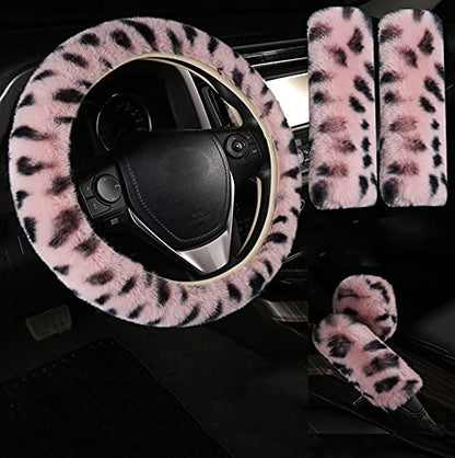 Pinbola 5pcs in 1 Set Faux Wool Steering Wheel Cover Soft Fluffy Handbrake Cover & Gear Shift Cover & 2pcs Seat Belt Shoulder Pads Warm Universal Fit for 15 Inch (L-Pink) - color: L-Pink