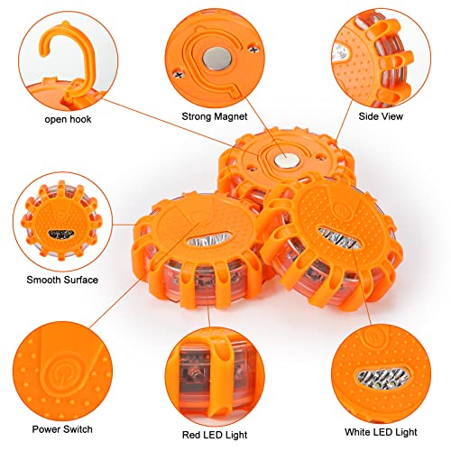 Tallew 12 Pack LED Road Emergency Roadside Lights Flashing Safety Warning Kit Beacon Magnet Hook Vehicle Boat Truck Disc Magnetic Flash Cars Security Driveway Automotive Strobe