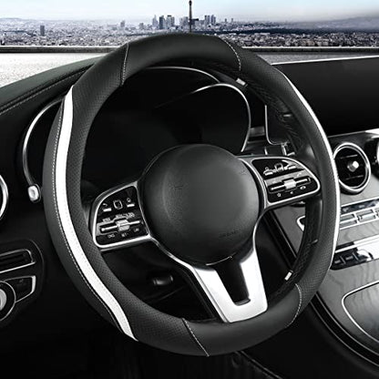Car Steering Wheel Cover, Leather Steering Wheel Cover White Universal 14.5-15 Inch Microfiber Leather Anti-Slip Breathable Auto Steering Wheel Covers for Men Women(Black & White) - color: White