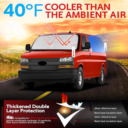 KAYZT Windshield Sun Shade for 1996-2025 2026 Che-vrolet/Chevy Express Cargo Van 1500, 3500, 4500, LS, LT Foldable Sunshade Front Window Custom Fit Car Accessories - size: for 1996-2026 Che-vrolet/Chevy Express