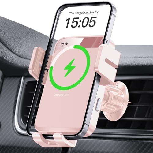 Wireless Car Charger, MOKPR Auto-Clamping Car Mount 15W/10W/7.5W Fast Charging Air Vent Car Phone Mount Compatible with iPhone 15/14/13/13 Pro/12 Pro Max/12 pro/12/11/10 Series, Samsung Galaxy Pink - color: Pink