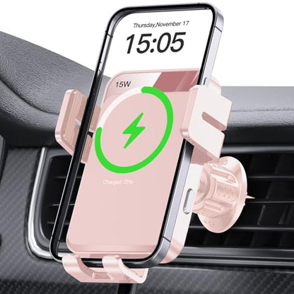 Wireless Car Charger, MOKPR Auto-Clamping Car Mount 15W/10W/7.5W Fast Charging Air Vent Car Phone Mount Compatible with iPhone 15/14/13/13 Pro/12 Pro Max/12 pro/12/11/10 Series, Samsung Galaxy Pink - color: Pink