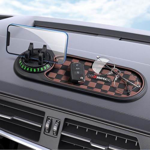 Multifunction Car Anti-Slip Mat, 3-in-1 Rotating Dashboard Mat, Large Storage Pad, Anti-Slip Phone Holder, 360° Rotating Mount with Parking Number (Brown) - color: Brown