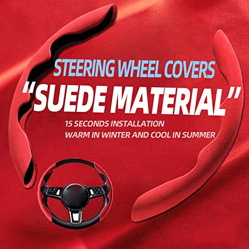 New Fluffy Anti-Skid Steering Wheel Cover Segmented Protector Safe and Non Slip Car Accessory and Durable Easy to Install for Steering Wheels of Universal Fit 99% Car (Suede Material Red) - color: Suede material Red