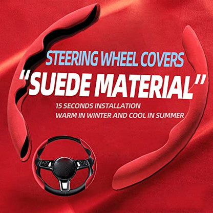 New Fluffy Anti-Skid Steering Wheel Cover Segmented Protector Safe and Non Slip Car Accessory and Durable Easy to Install for Steering Wheels of Universal Fit 99% Car (Suede Material Red) - color: Suede material Red