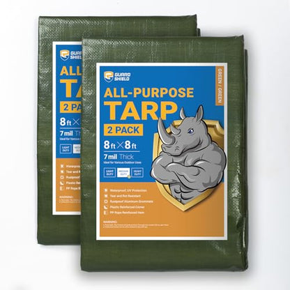 GUARD SHIELD Green Tarp Waterproof 8x8 Feet Medium Duty All Purpose Poly Tarps Cover 7mil (2-Pack) - color: Green, size: 8x8 (2-Pack)