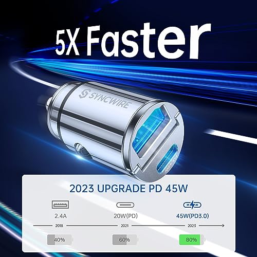 USB C Car Charger Syncwire 90W [PD 45W & QC 45W] USB Car Charger Adapter Fast Charging [Super Mini & All Metal] Compatible with iPhone 15/14 Pro Max Plus 13 12 Samsung S23/S22/21 Note 22, Pixel, iPad - color: Silver