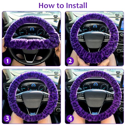 Accmor Fuzzy Car Steering Wheel Cover, Universal Fit Fur Car Wheel Cover & Handbrake Cover & Gear Shift Cover Set, Fluffy Fashion Leopard Print Auto Steering Wheel Protector for Women Girls(Purple) - color: Purple/Dark Leopard