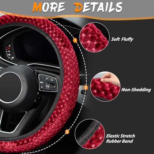 KAFEEK Elastic Short Microfiber Plush Steering Wheel Cover for Winter Warm, Universal 15 inch, Anti-Slip, Odorless, Wine Red - color: Wine Red