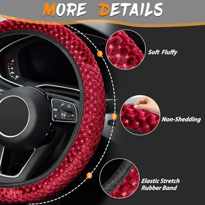 KAFEEK Elastic Short Microfiber Plush Steering Wheel Cover for Winter Warm, Universal 15 inch, Anti-Slip, Odorless, Wine Red - color: Wine Red