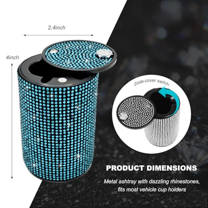 Bling Car Ashtray with Lid, Rhinestones Fireproof Auto Cup Holder Cigarette Ash Tray, Smokeless Crystal Diamond Ashtray Mini Trash Can for Women Girls, Car Accessories (Blue) - color: Blue