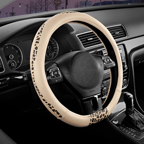 Road Comforts D-Type Steering Wheel Cover - Made with PVC Leather and Leopard Fabric - Universal Fit for 15-Inch D-Shaped Automotive Steering Wheels (Milky White) - color: D-Milky White