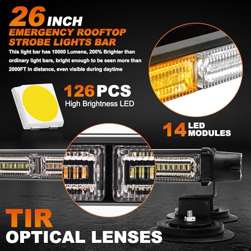 ASPL 26inch 126 LED Rooftop Emergency Strobe Lights Bar Double Side Flashing Safety Warning Traffic Advisor Light Bar Hazard Snow Plow Light for Trucks Vehicles Construction Tow Pickup(Amber/White) - color: Amber/White