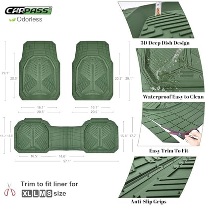 CAR PASS Heavy Duty Rubber Car Mats, Deepdish All Weather Floor Mats for Car Full Set, Universal Automotive Mats Trim to Fit for Sedans SUVs Trucks, Waterproof Anti-Slip Deep Tray 3 Pieces Olive Green - color: Olive Green