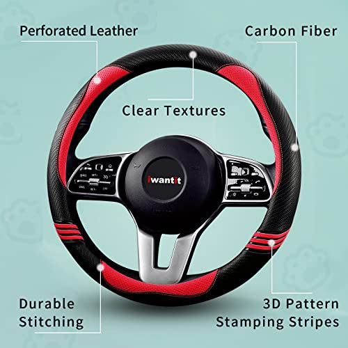 Iwantit® Premium Grip Steering Wheel Cover with Anti-Slip Rubber Ring, Made of Carbon Fiber & Breathable PU Leather, Universal Fit for 14.5-15 Inch Car and SUV (Passion Red) - color: 003-Passion Red