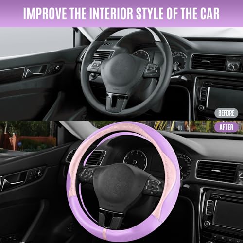 PIC AUTO Steering Wheel Cover, Pink Patterned & Light Purple Leather Patchwork Design, Universal Fit 14.5"–15.5", Anti-Slip, Soft PU Grain Leather, Durable Grip Car Accessory for Girls & Women - color: Pink & Light Purple
