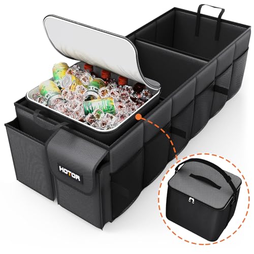 HOTOR Trunk Organizer for Car & SUV, Sturdy Car Organizer with Removable Cooler, Large Foldable Trunk Organizer with Cooler, 3 Compartments, Adjustable Straps, Black, 35.43”×14.17“×10.63” - color: Black, size: X-Large