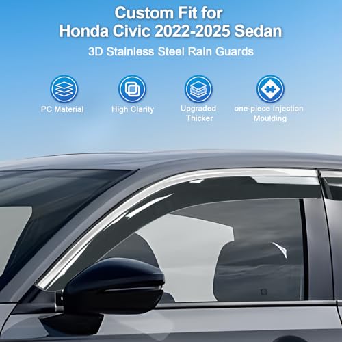 Sze Rain Guards Compatible with Honda Civic Sedan 2022-2026 LX EX SI HPT Sport Touring Side Window Deflectors Anti-Rain Window Visors with Stainless Steel Trim All-Weather Protection Outside Channel - style: Honda Civic Sedan 2022-2026