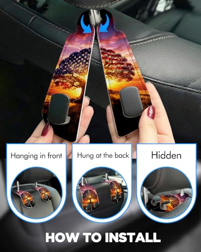 WOCOCN 2 Pack Car Purse Hook for Car Seat Headrest, Double-Sided PrintingPU Leather Purse Holder with Metal Hook, Cute Car Accessories for Women, Men (Car hook - American Flag Tree A) - color: Car hook - American Flag Tree A