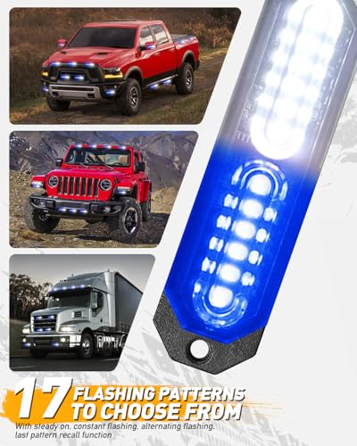 HLauto 1200T Emergency Strobe Grille Lights: 8pcs 12 LED Sync Feature Safety Warning Flashing Lights, Ultra Slim Surface Mount Hazard Caution Lights for Trucks, Vehicles, Car, ATV, UTV (Blue White) - color: Blue/White
