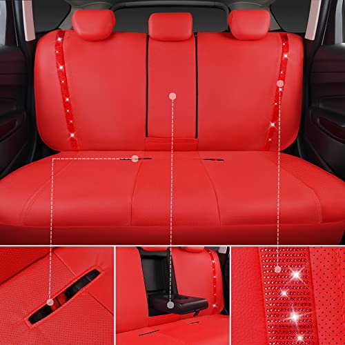 CAR PASS Bling Diamond Car Seat Covers Full Set, Shining Rhinestone Waterproof Faux Leather, Rear with Zipper, Universal Fit Automotive Glitter Crystal Sparkle Strips for Cute Women Girl, Red - color: Red Leather, size: Full Set
