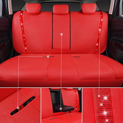 CAR PASS Bling Diamond Car Seat Covers Full Set, Shining Rhinestone Waterproof Faux Leather, Rear with Zipper, Universal Fit Automotive Glitter Crystal Sparkle Strips for Cute Women Girl, Red - color: Red Leather, size: Full Set