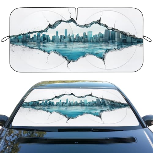 City Skyline Car Window Sun Shield 3D Torn Wall Ocean View Front Window Sun Shade Blocks UV Rays Sun Visor Protector for Car Sedan Truck SUV Accessories 59" L x 31.5" W - color: City Skyline
