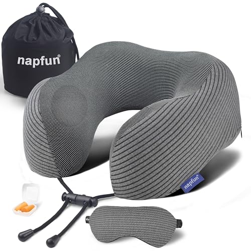 napfun Neck Pillow for Travel with Travel Pouch, Sleep Mask & Earplugs, Memory Foam Airplane Pillow for Headrest Sleep with Eyeshades, Plane Essentials with Eye Blindfold, Dark Gray Striped Kit - color: Dark Gray Striped Kit