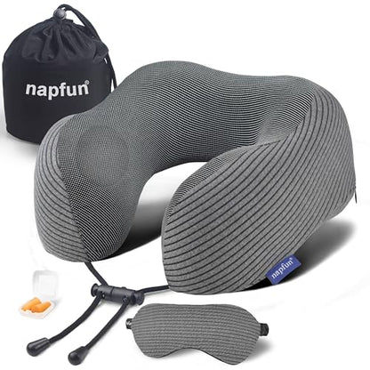 napfun Neck Pillow for Travel with Travel Pouch, Sleep Mask & Earplugs, Memory Foam Airplane Pillow for Headrest Sleep with Eyeshades, Plane Essentials with Eye Blindfold, Dark Gray Striped Kit - color: Dark Gray Striped Kit