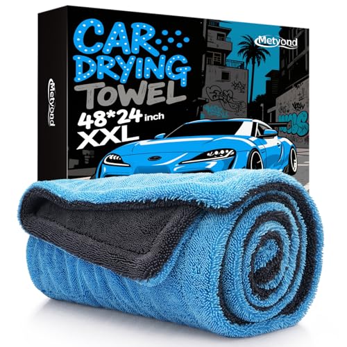 Metyond 48”x24” Car Drying Towel for Full-Sized SUV, Dual Sided Microfiber Car Cleaning Towel with Twisting Yarn Technique, 1400GSM Super Absorbent Scratch-Free, Machine Washable (Dark Gray - Blue)
