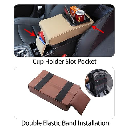 PU Leather Armrest Cushion with Cup Holder, Car Center Console Pad with Front Storage Pocket, Elbow Rest Pillow, Universal Car Armrest Seat Box Cover Protector - Brown - color: Brown
