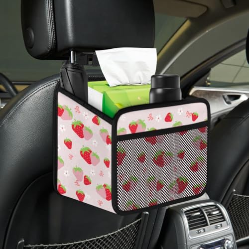 Cute Strawberry Print Car Organizer for Kids, Backseat Headrest Storage Bag, Adorable Cartoon Fruit Pattern, Foldable Waterproof PU Leather Organizer, Perfect for Mom and Baby