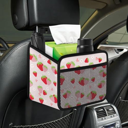 Cute Strawberry Print Car Organizer for Kids, Backseat Headrest Storage Bag, Adorable Cartoon Fruit Pattern, Foldable Waterproof PU Leather Organizer, Perfect for Mom and Baby
