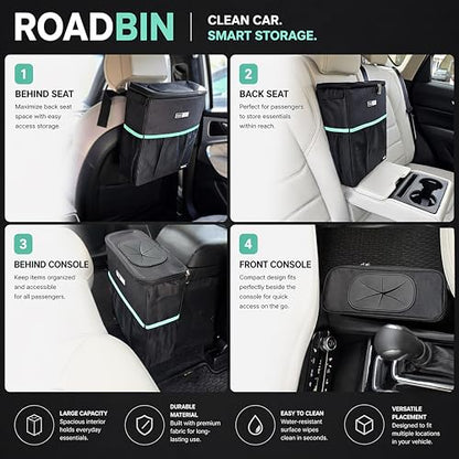RoadBin™ Car Trash Can – Slim 4" 2.5 Gallon Space-Saving Design, Stays Upright, Leakproof & Odor-Proof Car Garbage Can for Clean, Clutter-Free Cars, Trucks & SUVs