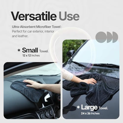 Crystal Clean 1300GSM Car Drying Towel - XL (24x36) Microfiber Towels for Cars with Double Twisted Loop, Professional Detailing Towel for Car Detailers - Quick Dry, Paint Safe & Swirl-Free - color: Dark Grey