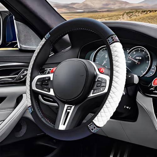 ZIMISI Bling Soft Leather Steering Wheel Cover, 15" Anti-Slip Sparkly Crystal Auto Elastic Steering Wheel Protector for Women Girl, Colorful Diamond Car Interior Accessory for Most Cars (White) - color: White
