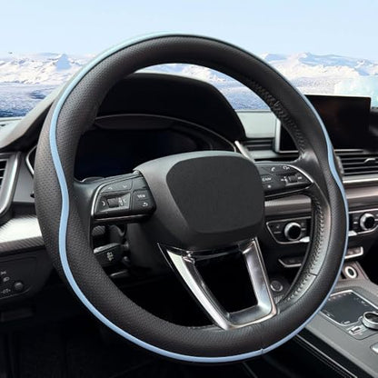 HAOTULE Leather Steering Wheel Cover， with Anti-Slip Stripe Design - Enhanced Grip, Fashion Style, Safe, Non-Slip, Breathable. Upgrade car Interior，Black Blue - color: Black Blue