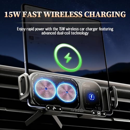 Wireless Charging Rotating Car Mount, High Intelligent 2 in 1 Auto Rotating Phone Holder, One-Click Rotation & Clamping,Car Charger Fast Charging,Universal Phone Holder for Smartphone/Pad (Black)