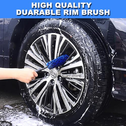 3PCS Wheel Brush Kit for Cleaning Wheel and Tire, Wheel and Rim Brush, Car Detailing Brushes, Bendable & Durable Car Wheel Rim Cleaner Brush Set,Car Detailing Cleaning Brush Supplies Kit - color: Blue