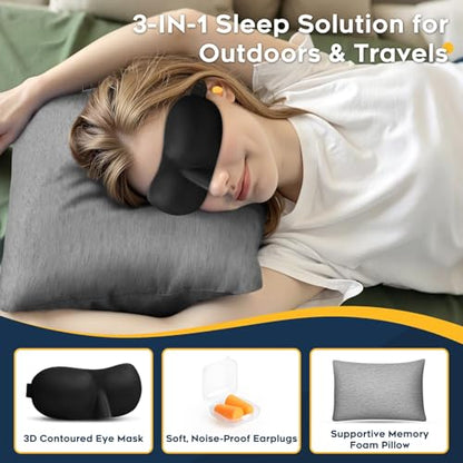 CushyOasis All-in-1 Camping Pillow Set - Shredded Memory Foam Neck Pillow Travel Pillow with Eye Mask, Earplugs, Washable Cover, Compact for Backpacking, Camping, Flights, Car Travel (Large Size) - size: Large
