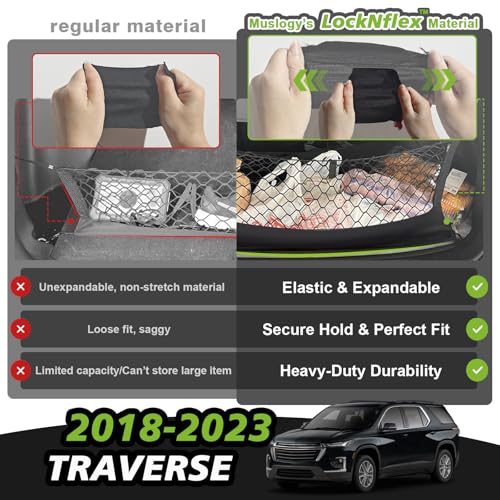 Muslogy Truck Bed Cargo Net Trunk Netting Compatible with 2018-2023 Chevy Traverse Accessories, Pickup Cargo Organizer SUV Sedan Storage Net w/Heavy Duty Carabiners - style: 2018-2023 Traverse