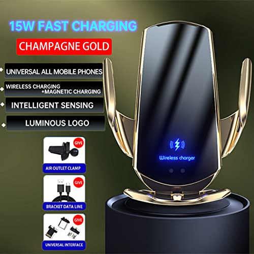 Wireless Car Charger Automotive Electric Induction 15W Wireless Charger Car Vent Mount Bracket Fast Charging Auto-Clamping Car Phone Holder Mount Air Vent Phone Holde (Gold) - color: Gold